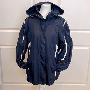 Zero Exposur SZ L navy white jacket polyester w:PVC coating. Lined. Great cond!